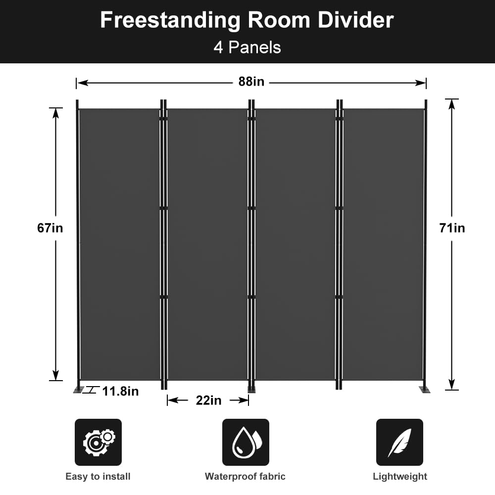 Kokorona Folding Room Divider 4 Panel, Portable Privacy Screen for Home Office, Partiton Wall Room Divider for Room Separation, Included-Cover Strips
