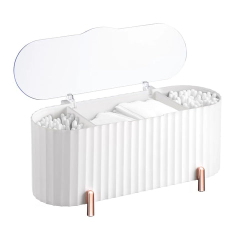 PCKOBEVER Makeup Pads Container, Cotton Swab Holder, Pad Dispenser With 3 Compartments, Storage With Lid, Makeup Organiser