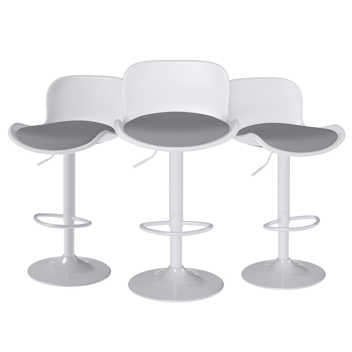 Flysky Set of 3 360° Swivel Bar Stools, Height Adjustable, White/Grey
