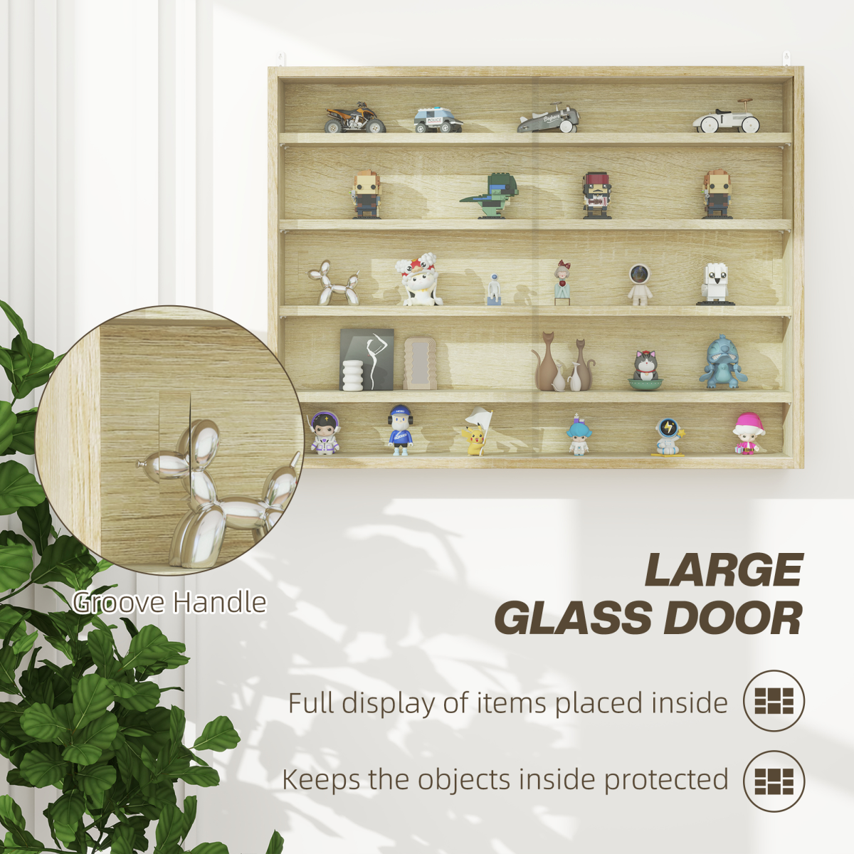 HOMCOM 5-Tier Wall Display Shelf Unit Cabinet w/ Shelves Glass Doors Oak