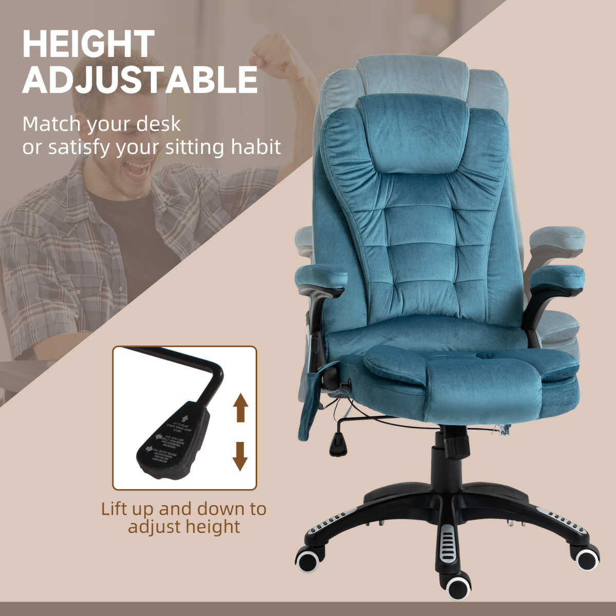 Executive Reclining Chair w/ Heating Massage Points Relaxing Headrest Blue