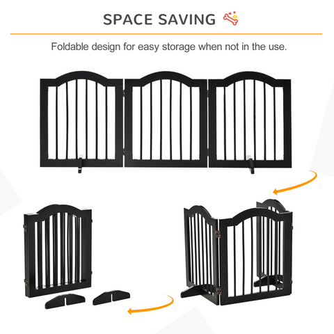 3 Panels Dog Gate w/ Support Feet Fence Safety Barrier Freestanding Wood Black