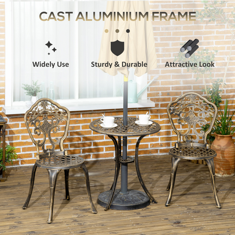 3 Piece Cast Aluminium Garden Bistro Set with Parasol Hole for Balcony, Patio