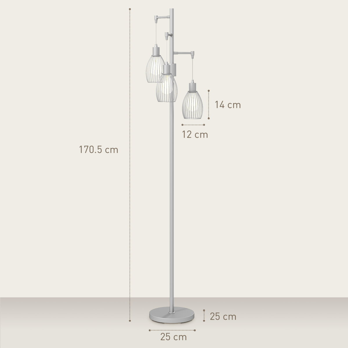 HOMCOM Industrial 3-Light Floor Lamp Dimmable Standing Lamp, Silver Tone