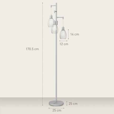 HOMCOM Industrial 3-Light Floor Lamp Dimmable Standing Lamp, Silver Tone