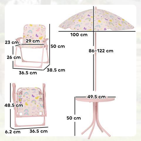 AIYAPLAY Kids Garden Table and Chair Set, Outdoor Patio Set w/ Parasol, Pink