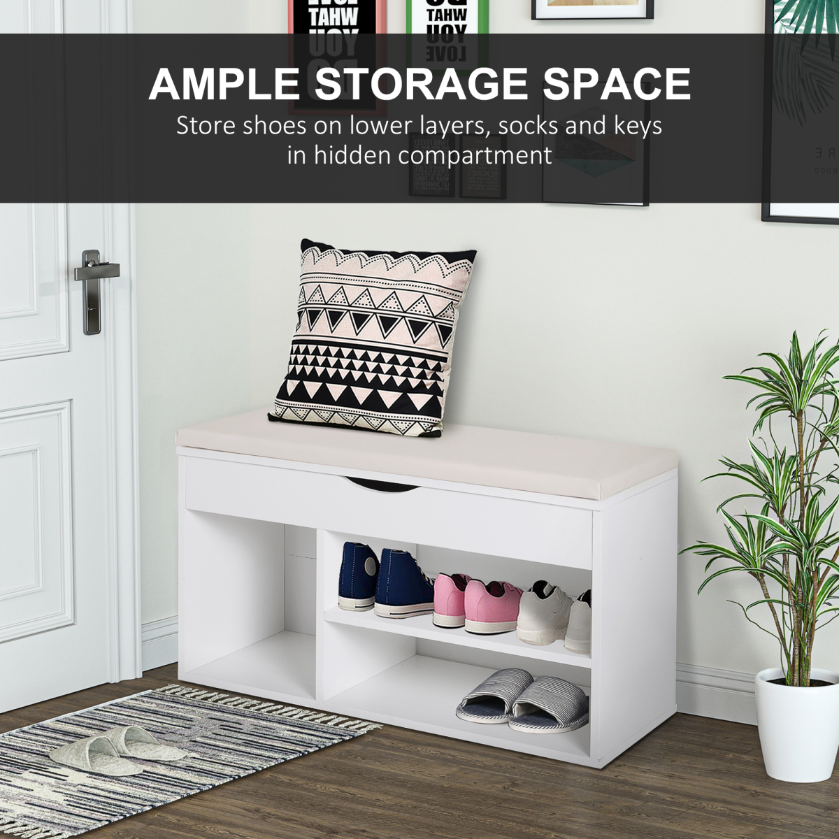 HOMCOM Wooden Shoes Cabinet Bench Hidden Storage Padded Seat Organiser White