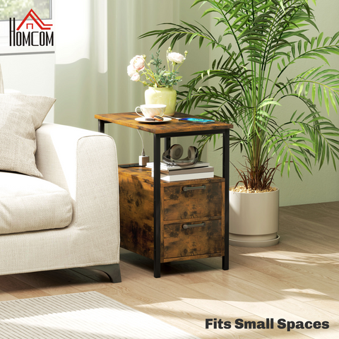 HOMCOM Bedside Table with Charging Station for Living Room, Rustic Brown