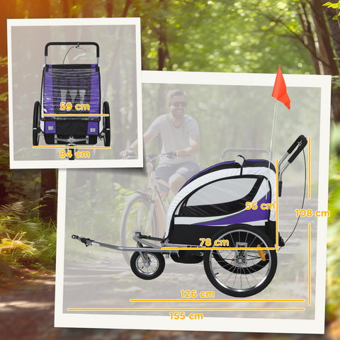 HOMCOM 2 Seat Child Bike Trailer, Baby Bicycle Trailer for 2 Kids, Purple