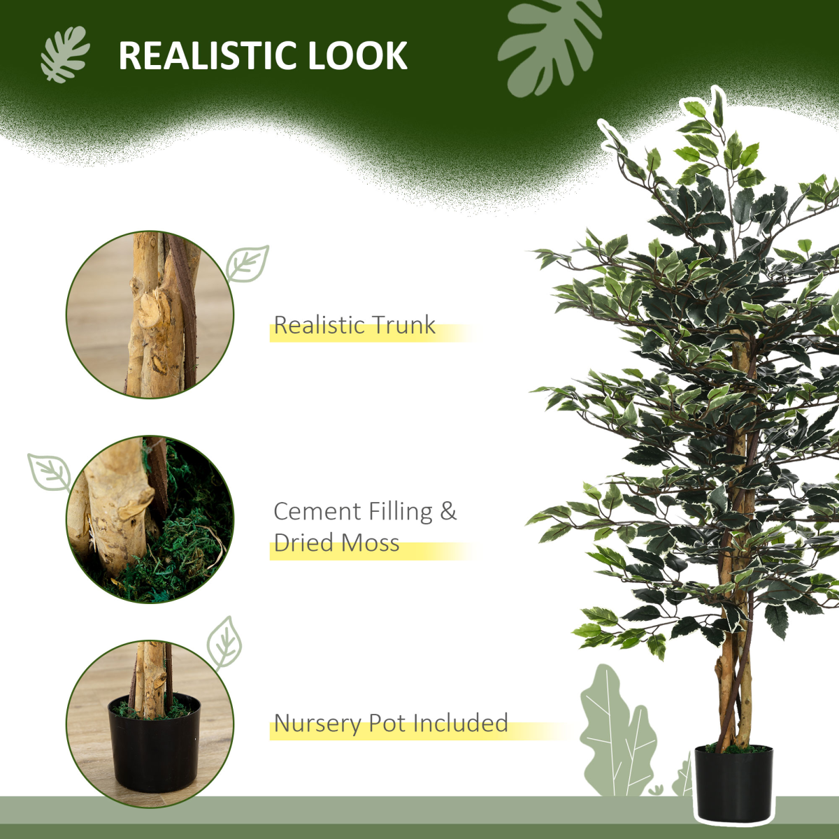 HOMCOM Artificial Ficus Tree with Lifelike Leaves and Natural Trunks Green