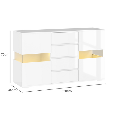 HOMCOM LED Sideboard, High Gloss Storage Cabinet with 4 Drawers, White