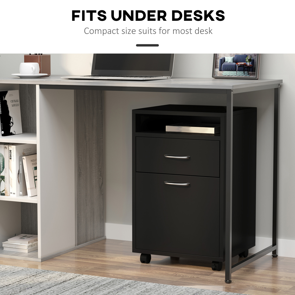 HOMCOM 60cm Storage Cabinet w/ Drawer Open Shelf Metal Handles 4 Wheels Black