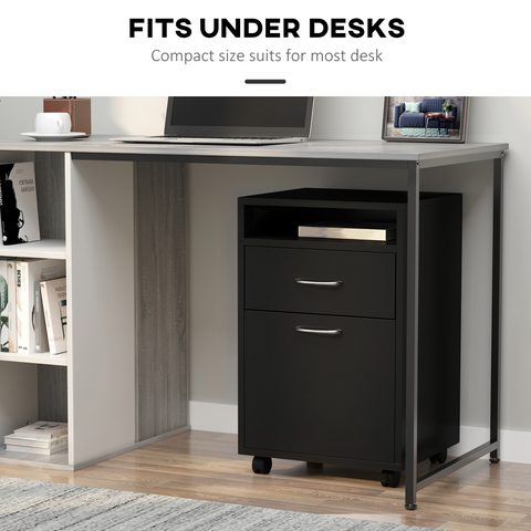 HOMCOM 60cm Storage Cabinet w/ Drawer Open Shelf Metal Handles 4 Wheels Black