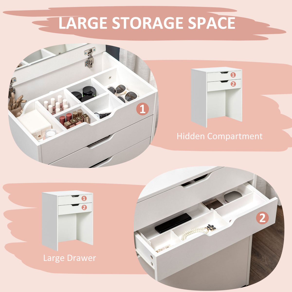 Dressing Table Set w/ Flip-up Mirror & Stool, Drawer and Compartments, White