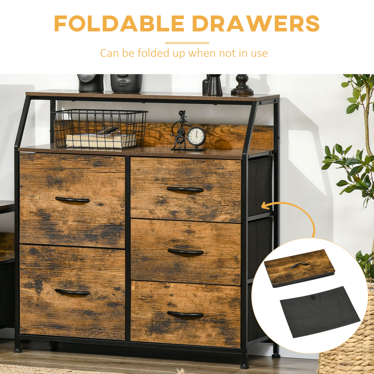 HOMCOM Bedroom Chest of Drawers with 5 Fabric Drawers, Open Shelf, Rustic Brown