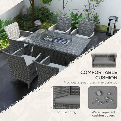 Outsunny PE Rattan Dining Set with Fire Pit Table and Cushioned Armchairs, Grey