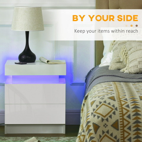 HOMCOM White Bedside Table, High Gloss Front Nightstand w/ LED Light, 2 Drawers