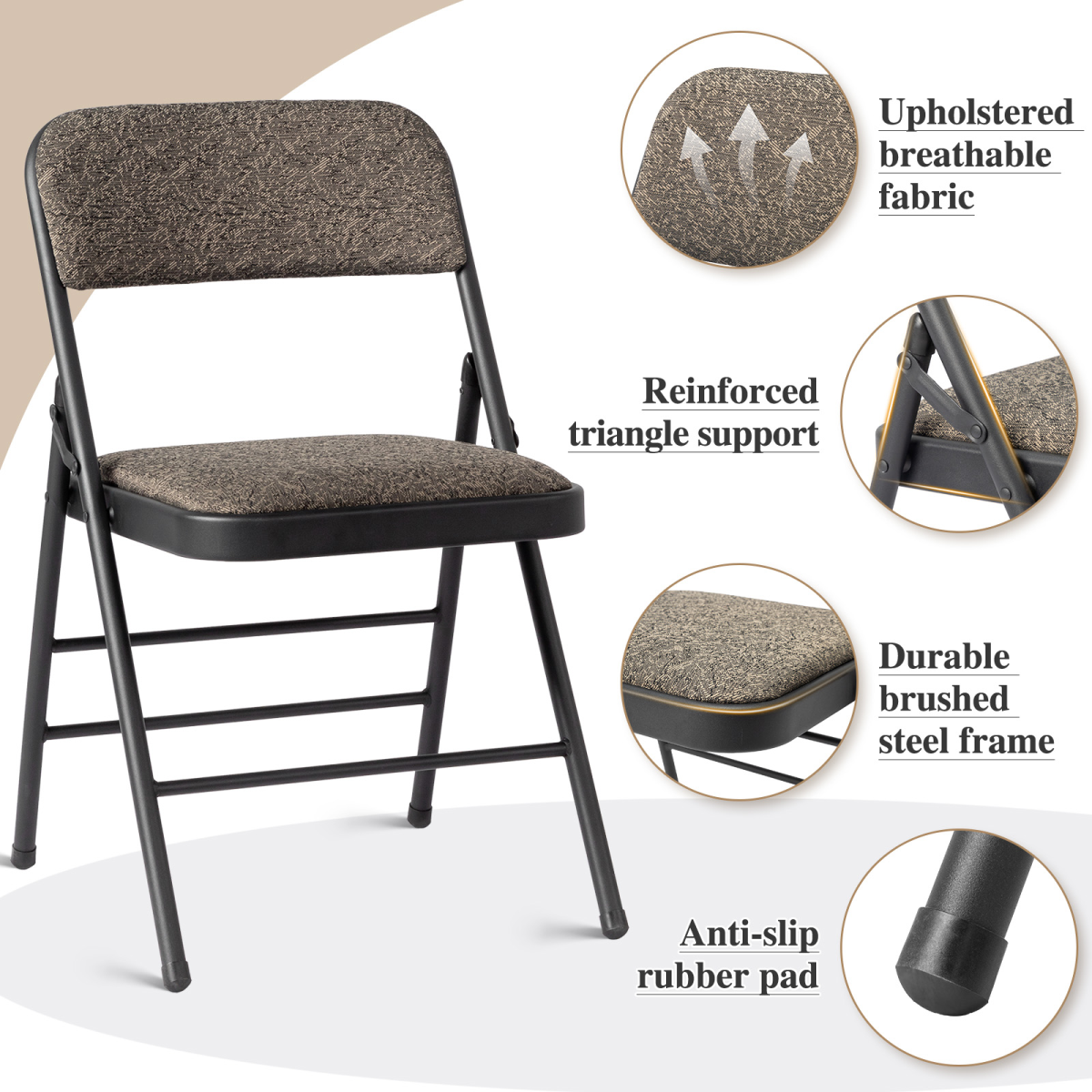 2pcs Black Patterned Padded Folding Chairs, Conference Event Chairs with Soft Seat (46*48*76cm), Frosted Iron Frame