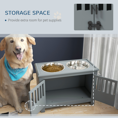 PawHut Raised Dog Bowls for Large Dogs Feeding Station with Stand Storage - Grey