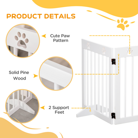 Freestanding Pet Gate 4 Panel Folding Wooden Dog Barrier w/ Support Feet