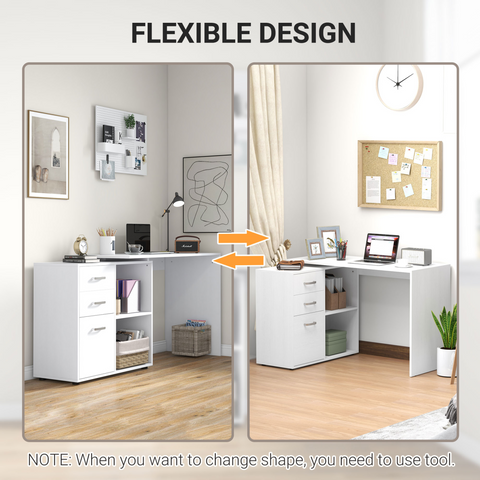 Home Office L Shape Computer Desk Workstation Drawer Shelf File Cabinet-White