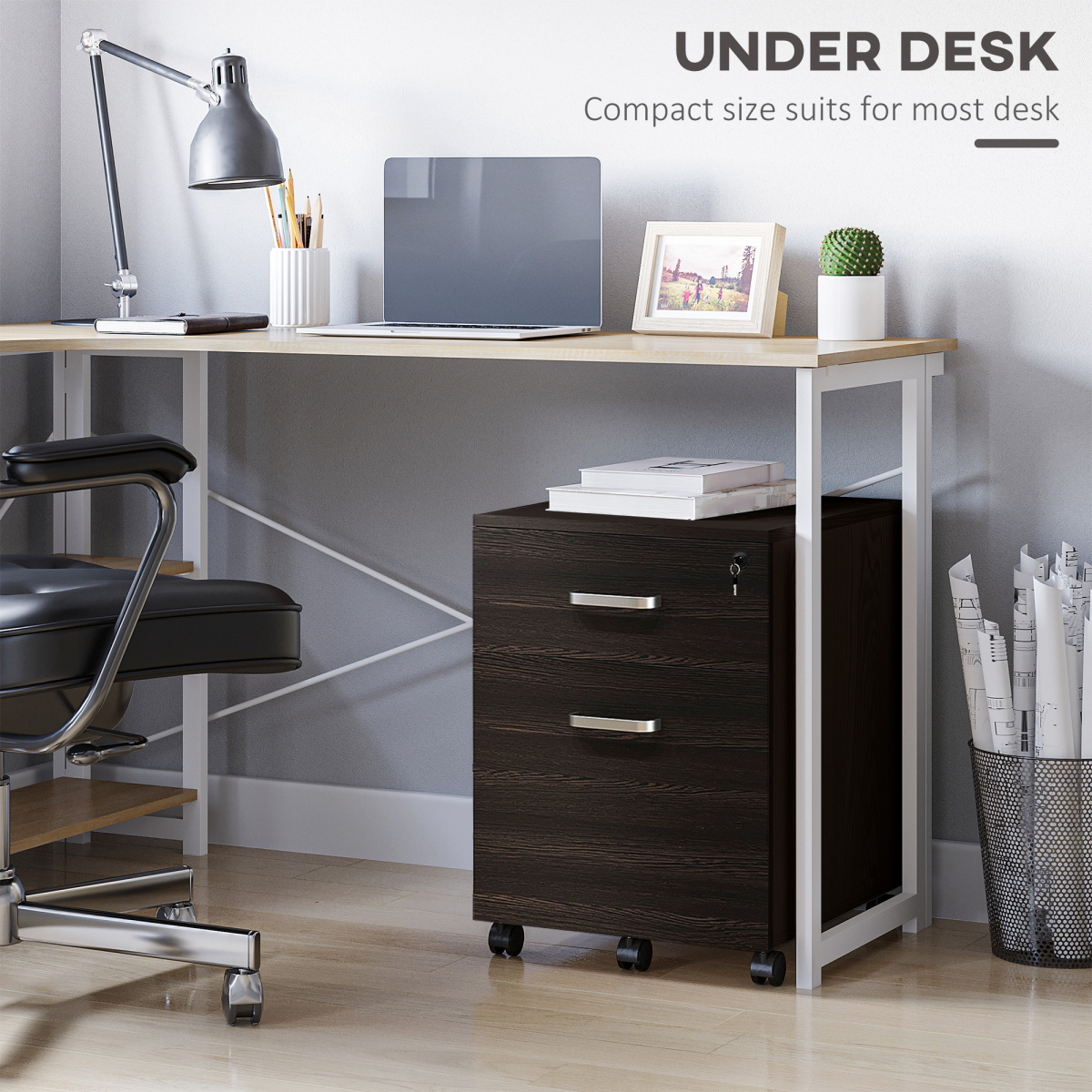 2-Drawer Locking Office Filing Cabinet 5 Wheels Rolling Storage Brown Vinsetto