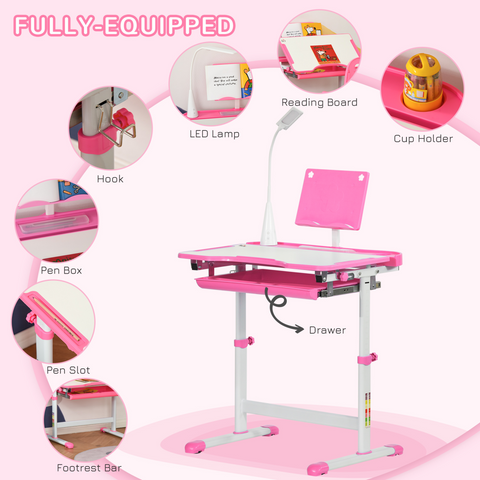 Kids Study Desk and Chair Set w/ Adjustable Height, Storage Drawer - Pink