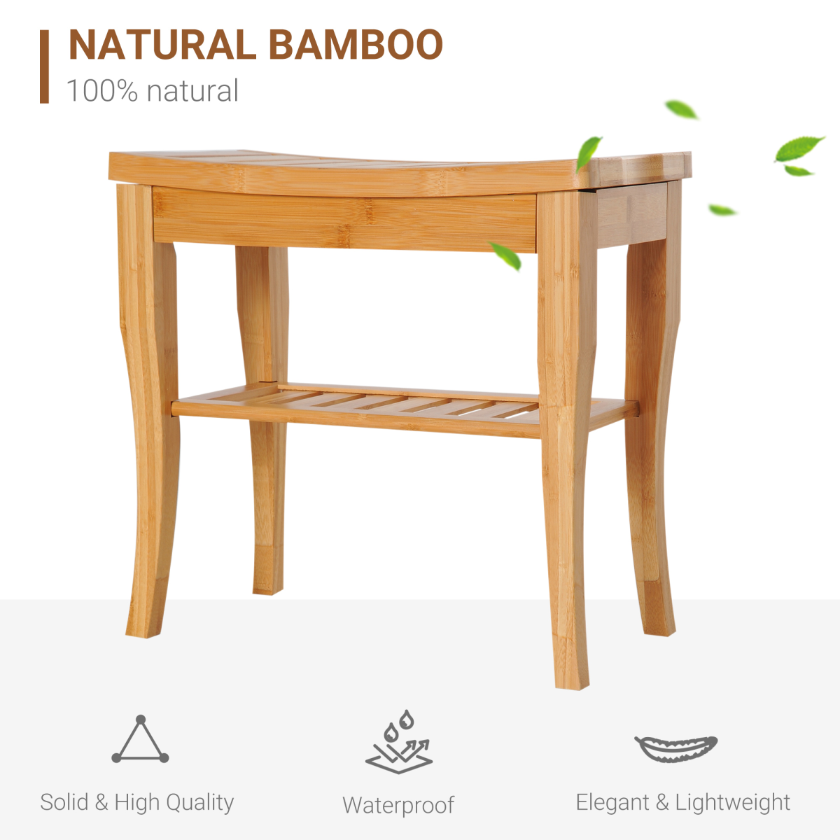 2-Tier Slatted Shower Bench Storage Seat Stool w/ Shelf Safe Comfortable Bath