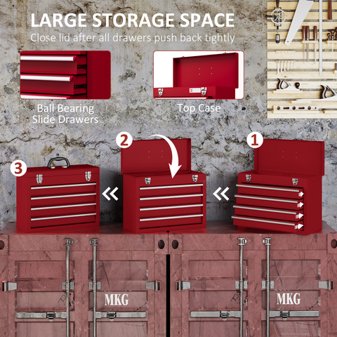 DURHAND Lockable 4 Drawer Tool Chest with Ball Bearing Slide Drawers Red