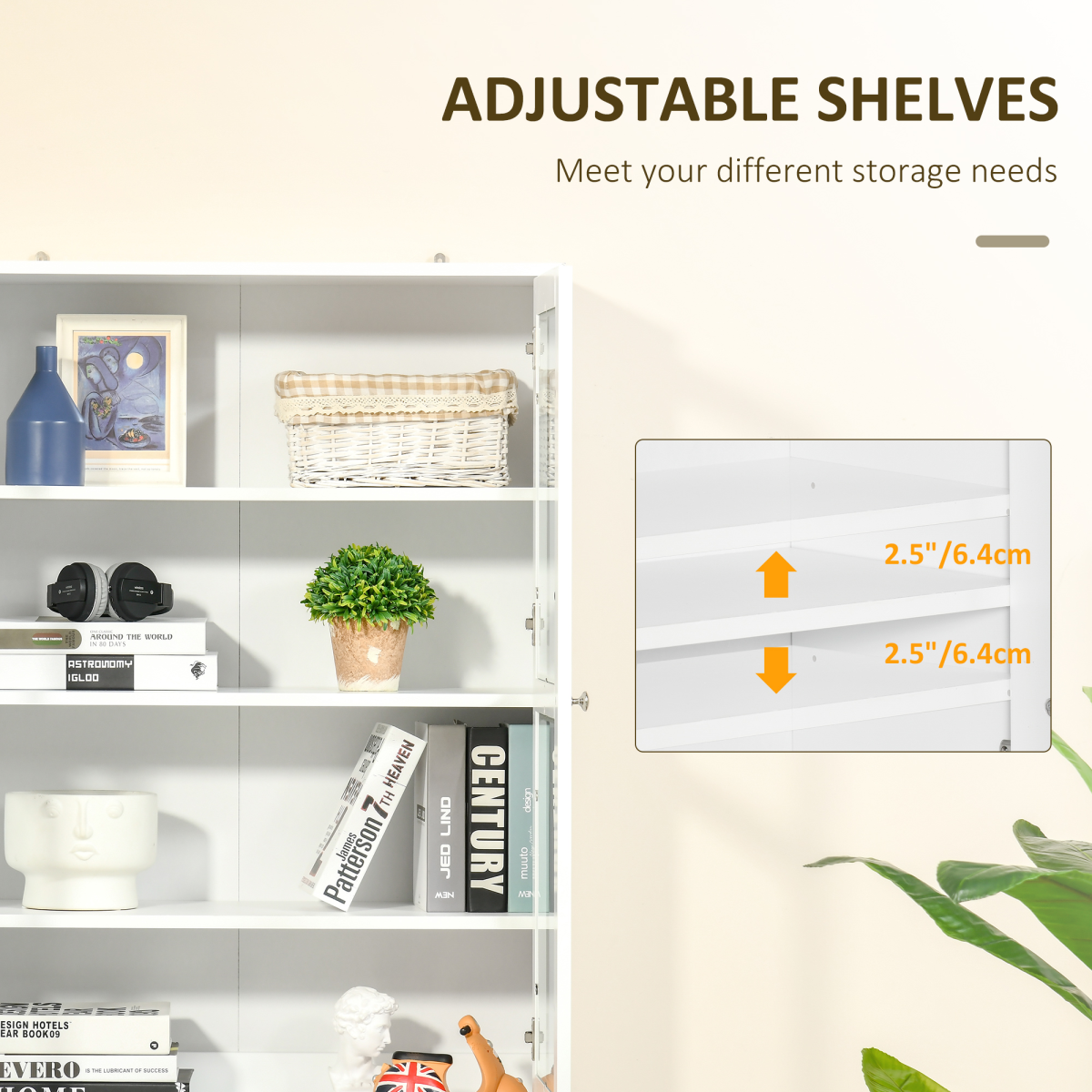 Modern Bookcase Display Storage Cabinet w/ Doors Adjustable Shelves