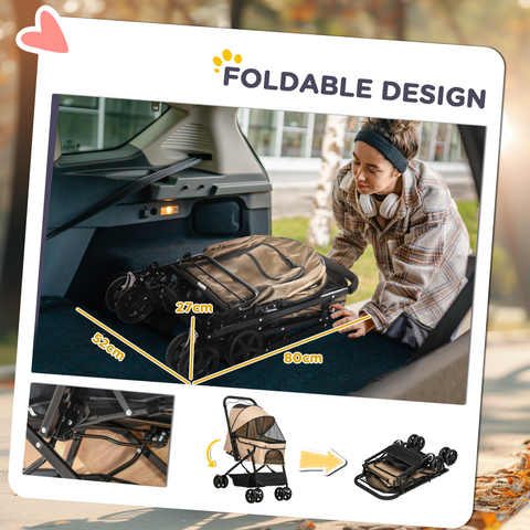 Pet Stroller Dog Foldable Travel Carriage with Reversible Handle, Brown