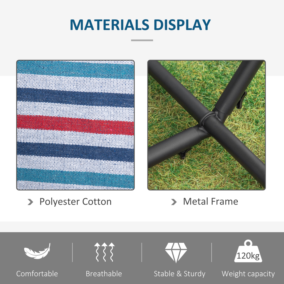 294 x 117cm Hammock with Metal Stand Portable Carrying Bag 120kg White Stripe