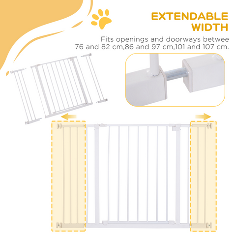 Pressure Fit Dog Gate Pet Barrier for stairs doorway, 76-107cm Width White