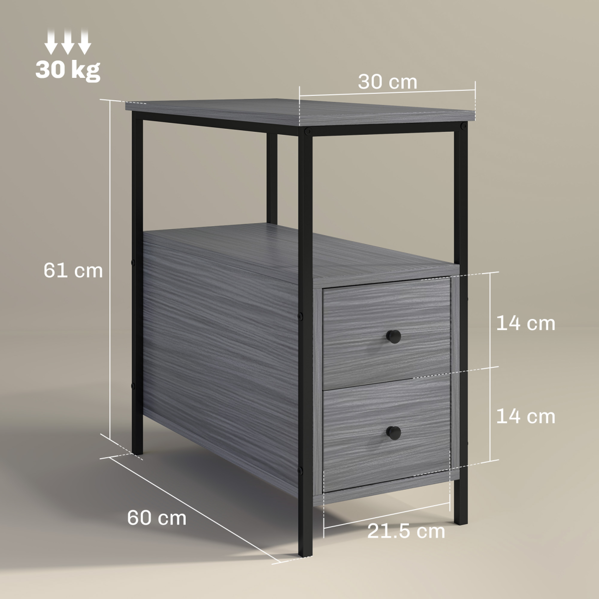 HOMCOM Narrow End Table, Sofa Side Table with 2 Drawers Storage Shelf, Grey