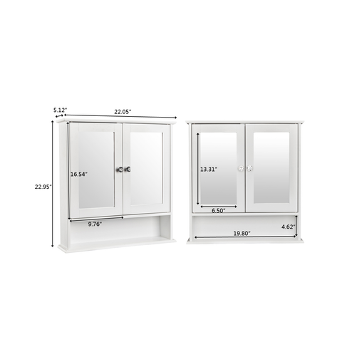 Double Door Mirror Indoor Bathroom Wall Mounted Cabinet Shelf White