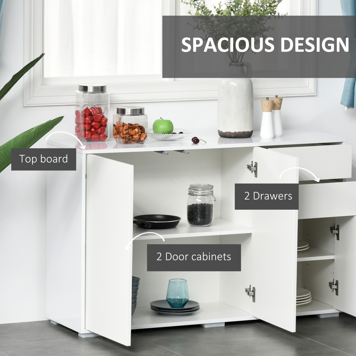 HOMCOM Side Cabinet with 2 Door Cabinet and 2 Drawer for Home Office White