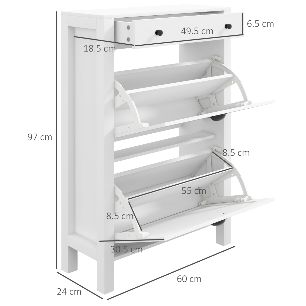 HOMCOM Narrow Shoe Cabinet with 2 Flip Drawers and Top Drawer, White