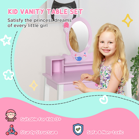 Kids Dressing Table and Stool Set Make Up Desk with Storage (Pink) HOMCOM