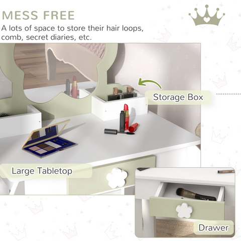 ZONEKIZ Kids Vanity Table Set, Beauty Flower Design, for Ages 3-6 Years - White