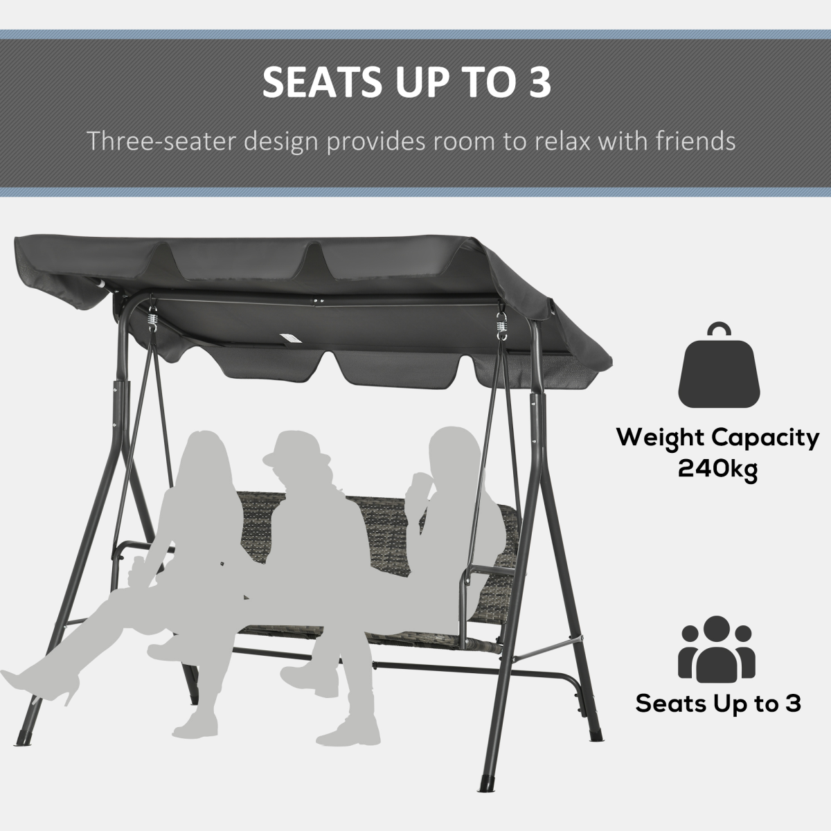 Outsunny 3-person Rattan Swing Chair, Hanging Bench w/ Stand, Adjustable Canopy