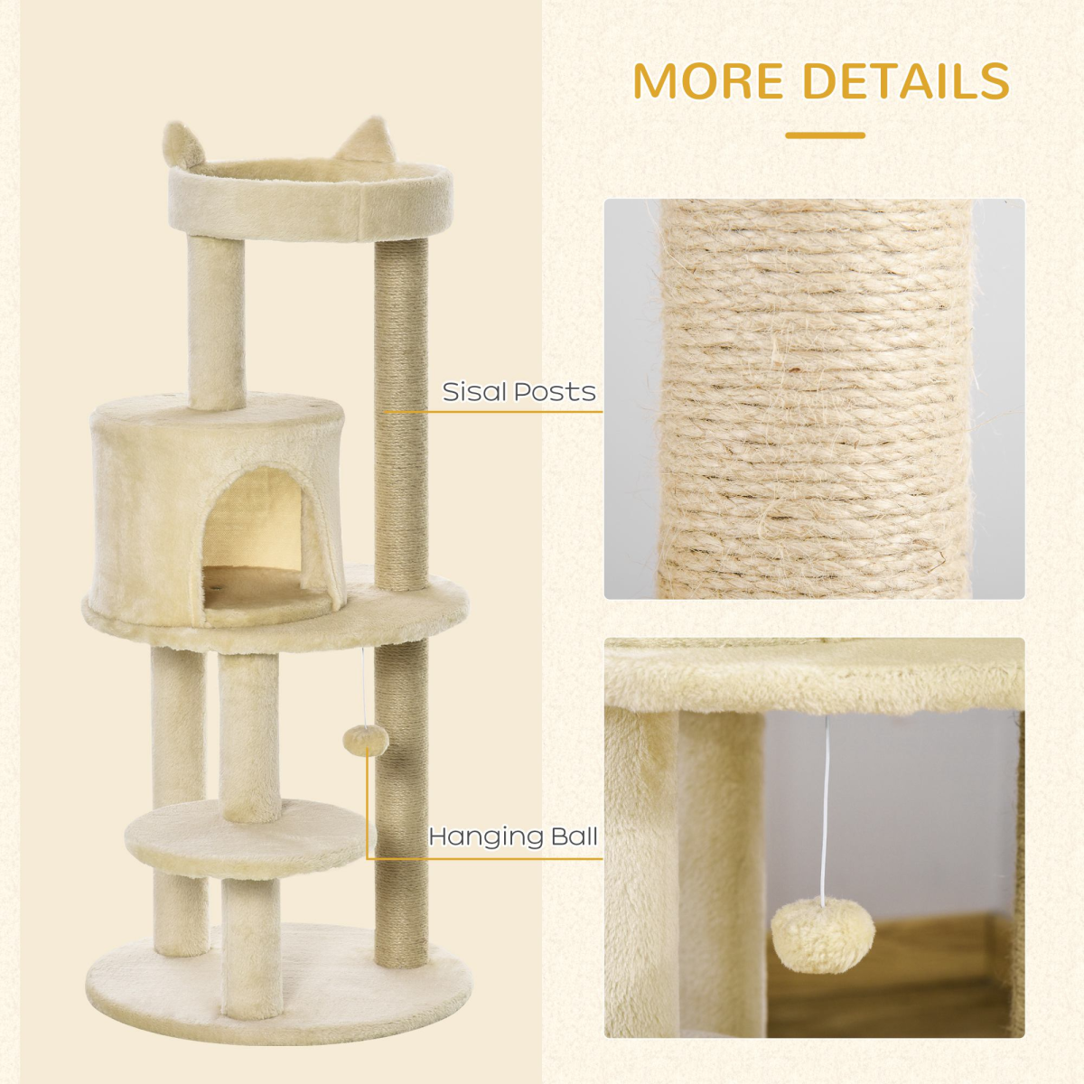 3-Tier Deluxe Cat Activity Tree Scratching Posts  Kitten Beige Pawhut