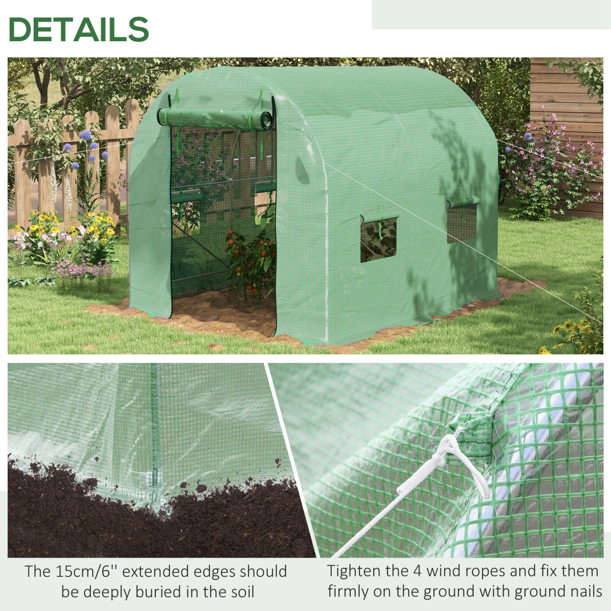 2.5 x 2m Walk-In Polytunnel Greenhouse with Steel Frame Roll Up Door Green