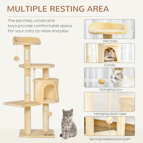 Cat Tree Activity Centre Scratching Post With Toys 4-tier Beige 114cm Pawhut