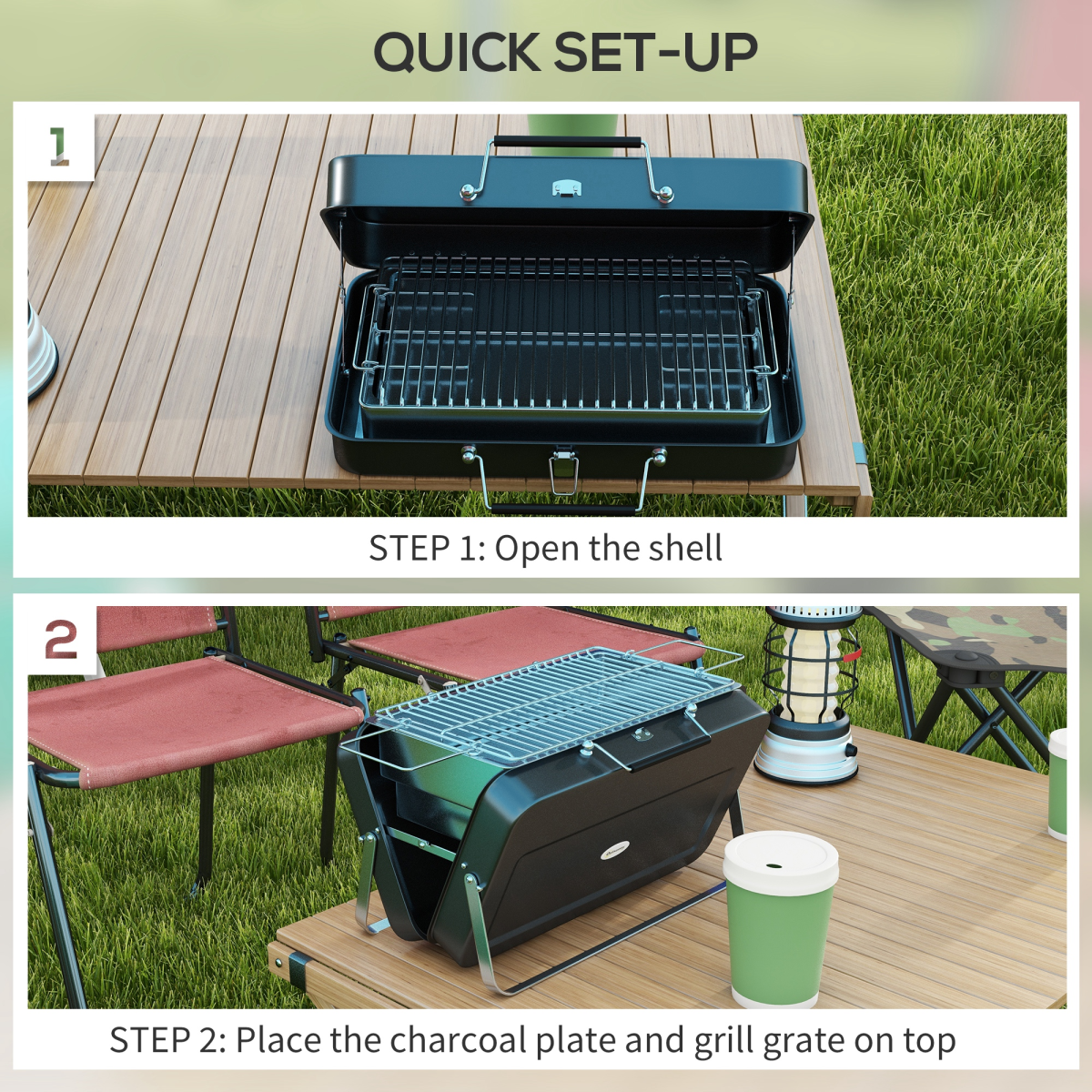 Outsunny Portable BBQ Grill with Suitcase Design for Camping Picnic Party, Black
