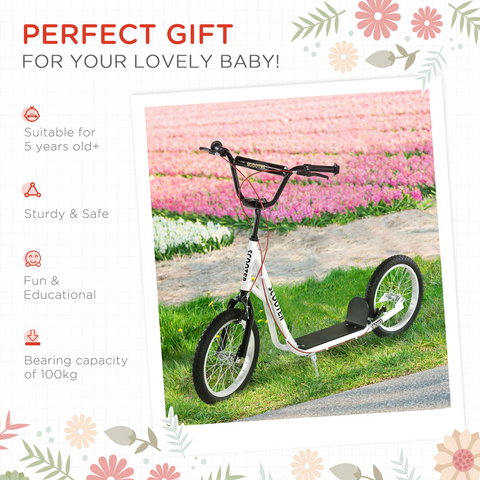 HOMCOM 90-96cm Kids Kick Scooter Adjustable Handlebar Inflatable Wheels White
