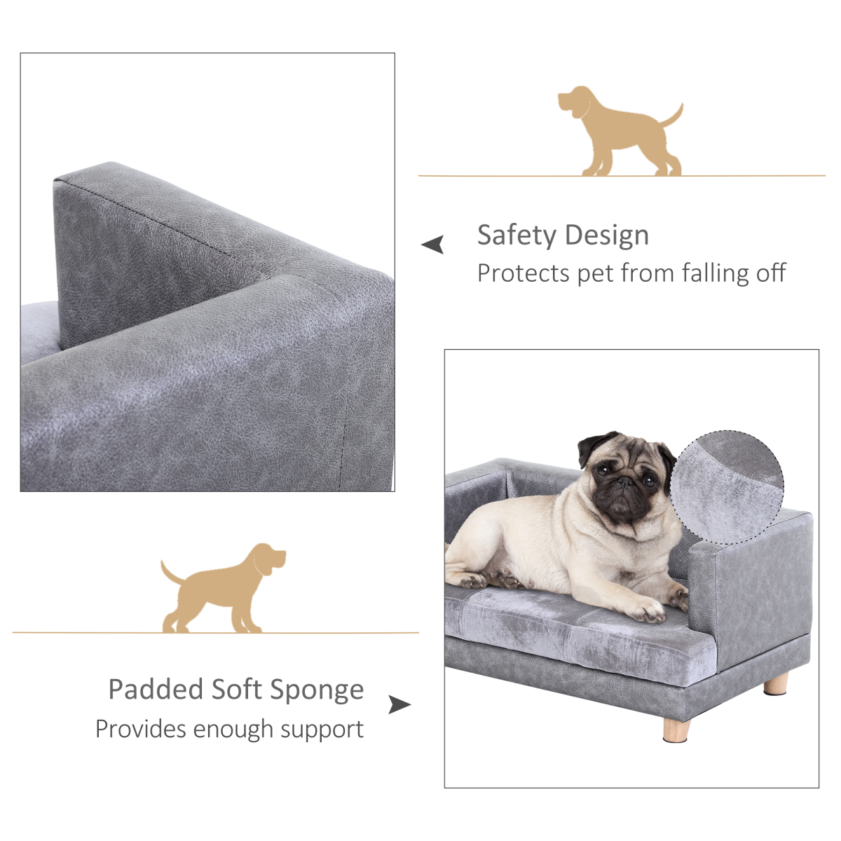 Dog Sofa Bed Kitten Couch Lounge for Small-Sized Dogs, Soft Padded - Grey