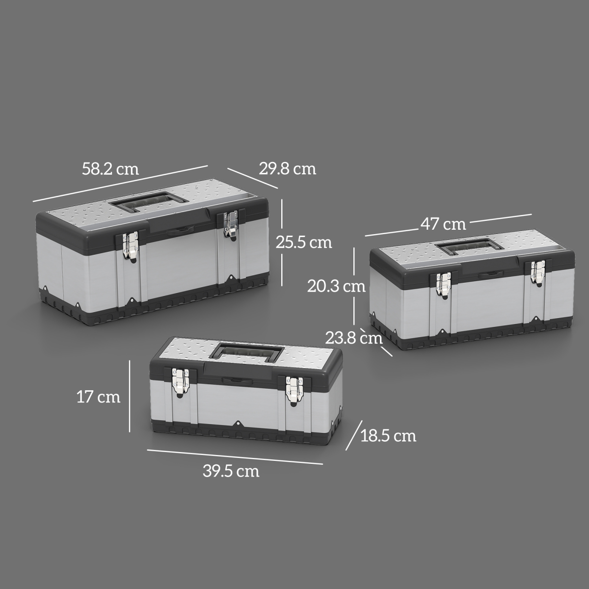 HOMCOM 3 Pieces Tool Case Set, 23" 19" 16" Stainless Steel Tool Boxes
