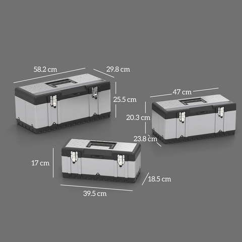 HOMCOM 3 Pieces Tool Case Set, 23" 19" 16" Stainless Steel Tool Boxes