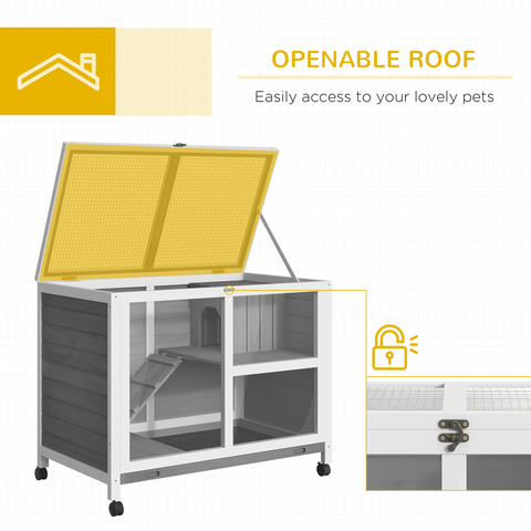 Wood Rabbit Hutch Bunny Cage Pet House Indoor W/ Tray Ramp, Grey Pawhut