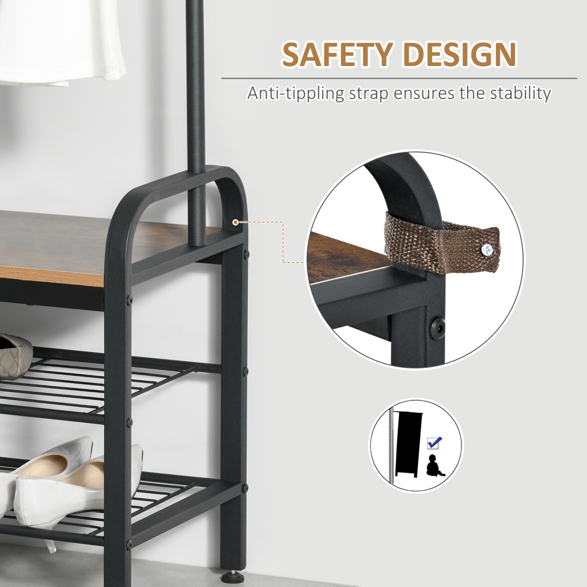 Industrial Coat Rack Stand with 8 Hooks Hangers Storage Cabinet Brown